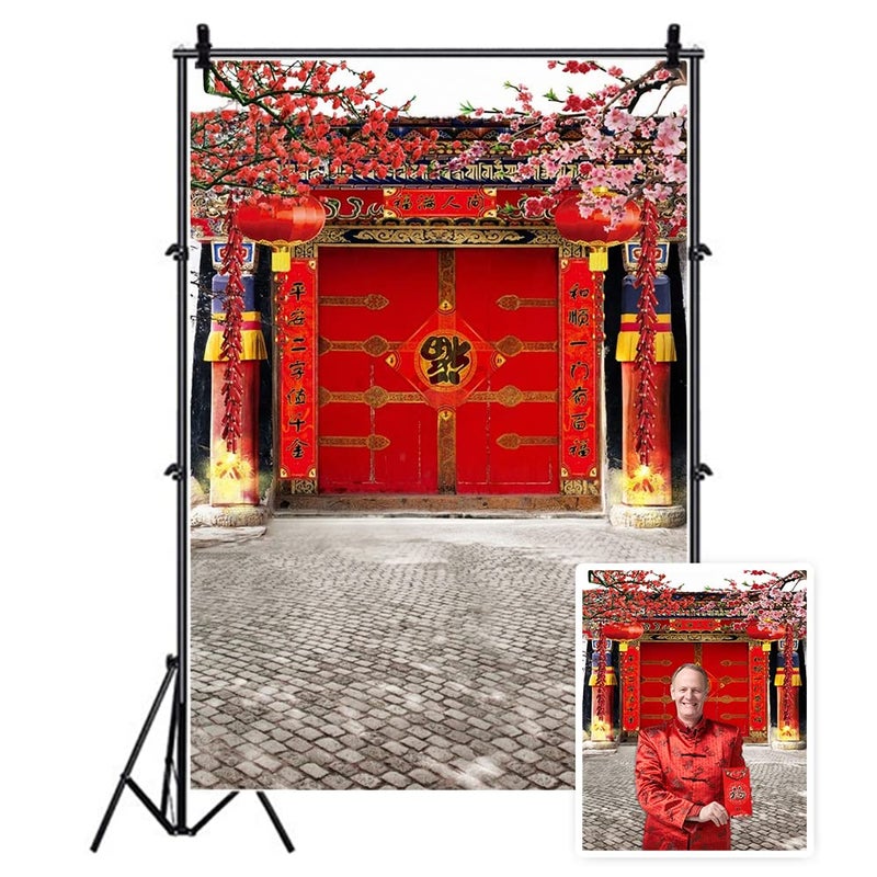 AOFOTO 6x8ft Lunar New Year Backdrop Chinese New Year Decorations Spring Festival Couplets Backgrounds China Red Gate Courtyard Firecrackers Lantern Bloom Plum Flowers Backdrop Family Portrait Props - Image 1